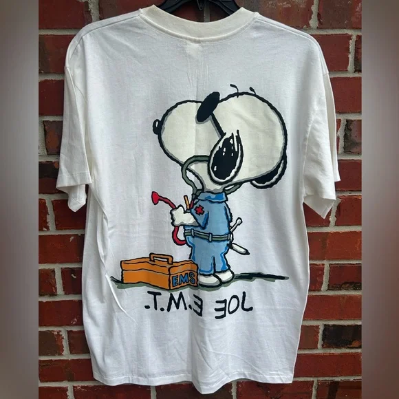 Vintage 90’s The Peanuts Snoopy Joe EMT XL Single Stitch Short Sleeve T-Shirt Z5 - Picture 2 of 5